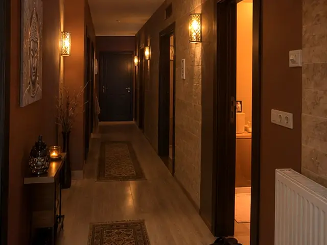 Aplik ışıklı, halılı ve sıcak tonlu koridor — Çeliktepe, Masaj Salonun